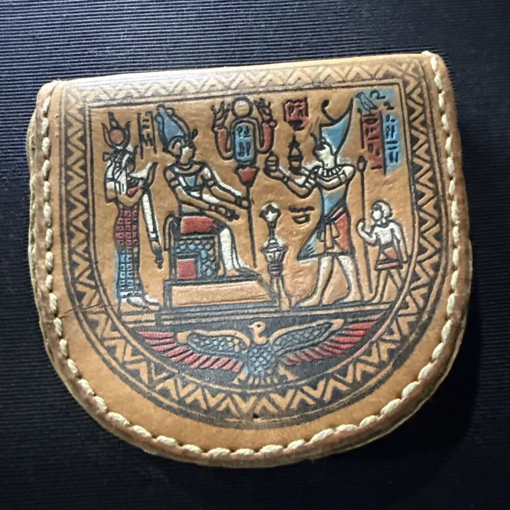 Vintage Embossed Leather Wallet Coin Change Purse Maya Egyptian